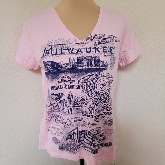 Harley Davidson Museum Milwaukee Pink V Neck Tee - Picture 1 of 5